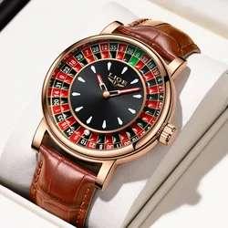 LIGE Arabic Numerals Rotating Dial Roulette Men Watch Luminous Quartz Man Wristwatch Fashion Leather Watch for Men Moveing Ball