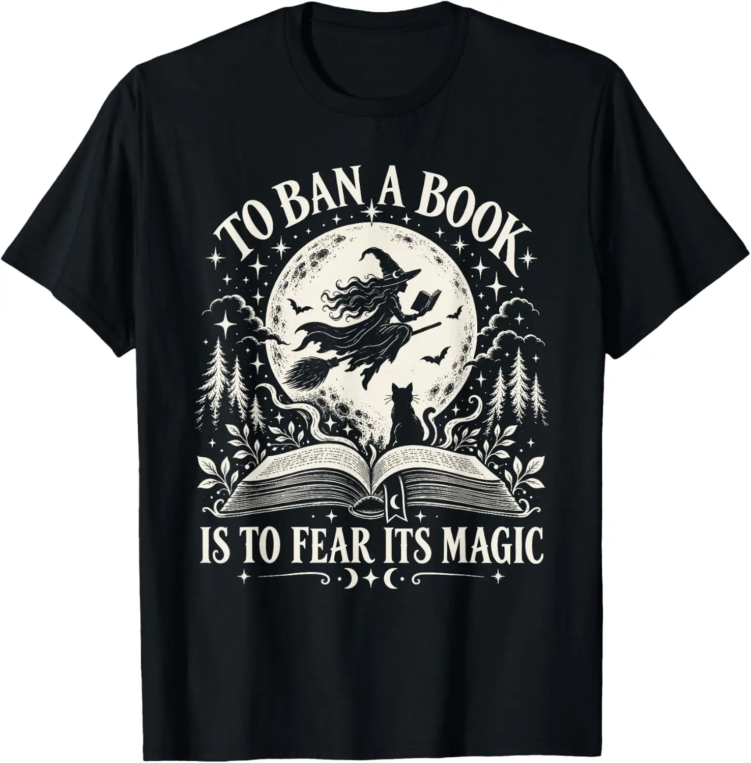 Ban A Book Is To Fear It's Magic Bookish Witch Halloween T-Shirt Breathable, heavyweight pure cotton short-sleeve top—stylish, plus-size, and suitable for year-round wear with a sporty, casual vibe