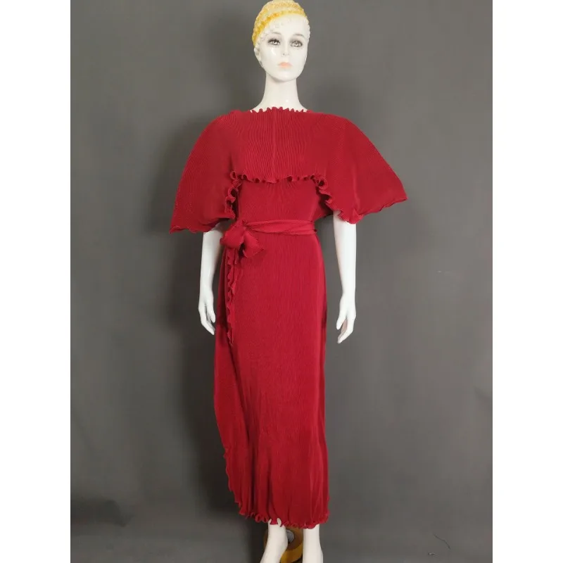 ตะวันออกกลาง Miyake จีบ PLUS ขนาดผู้หญิงแฟชั่นชุดแอฟริกันพรหมใหม่ Elegant แขนสั้นหลวม PLUS ขนาดชุดยาว