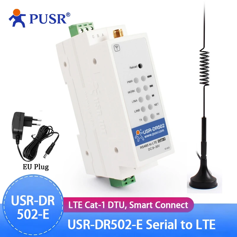 

DIN-rail 4G LTE Cat 1 Modem RS485 To 4G LTE FDD Converter IoT Server Device USR-DR502-E Support MQTT
