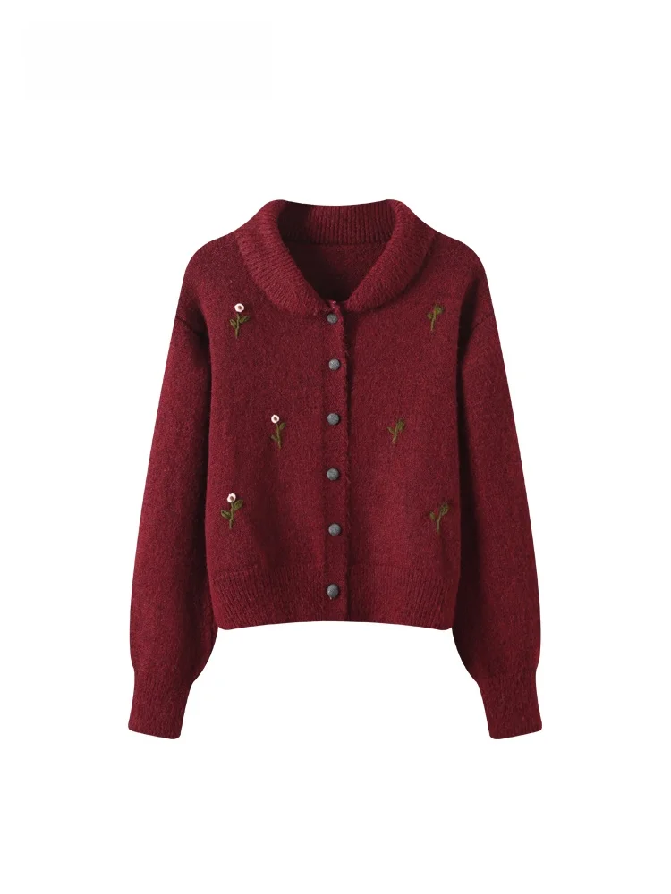 

CaraCLUB plus Size Knitwear Long Sve Embroidered Turn-down Collar Women's Autumn Winter New Sle Red Top for Plump Sister