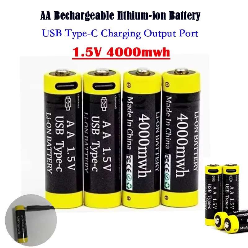 4000mWh AA Battery1.5V Rechargeable Li-ion Battery for Mouse Remote Control Small Fan Electric Toy Batteries USB Type-C Cable