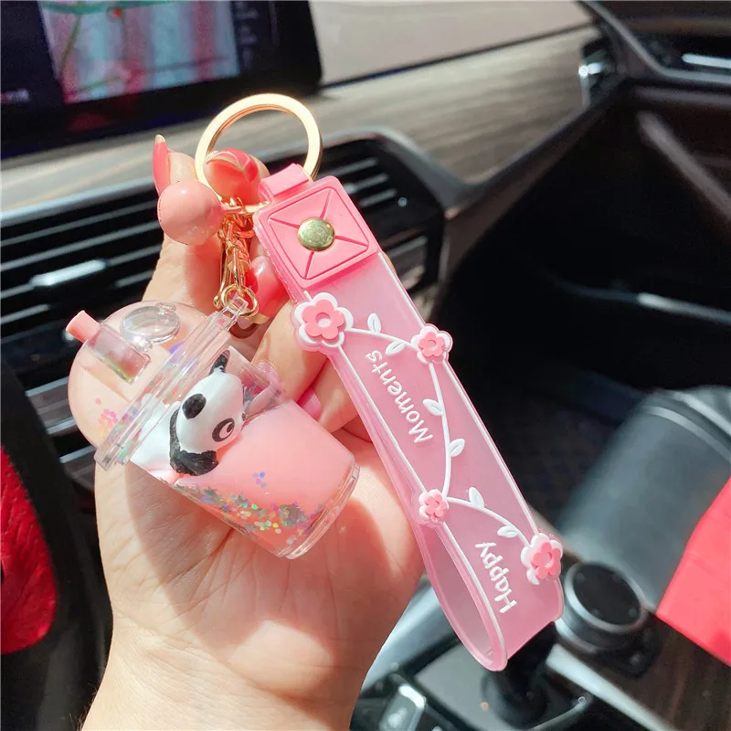 keychain nice Acrylic Milk Bottle panda Keychain Simulation Cup Liquid Quicksand Keychain Women Couple Bag Charm Keyring Gifts