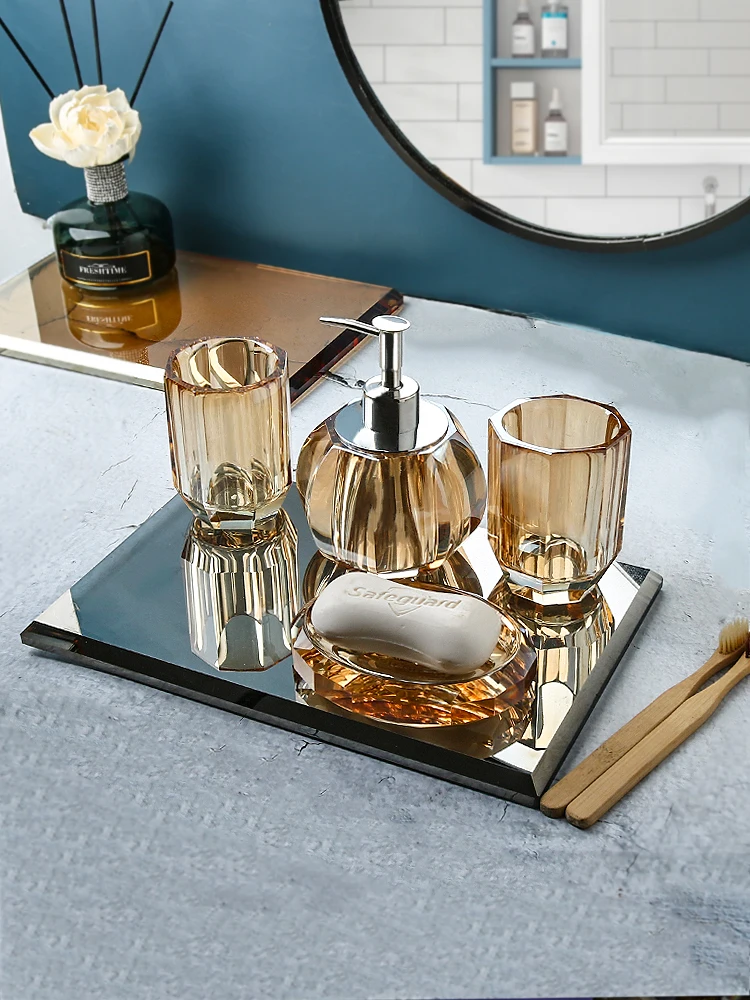 Glass Bathroom Set Crystal Clear Wash Lotion Bottle Tray Soap Liquid Press Storage Accessories Organizer