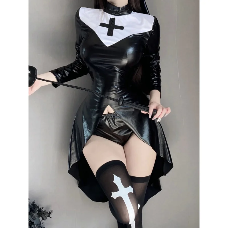 Vampire Nun Uniform Women Halloween Adult Sister Cosplay Costume PU Leather Cross Dark Dress Gothic Party Rave Clothes Dropship