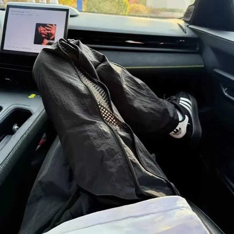 Side Zip  Dry Ice Silk Casual Pants Men Summer Thin American Straight Tube Outdoor Climbing Long Trousers Paratrooper Trousers