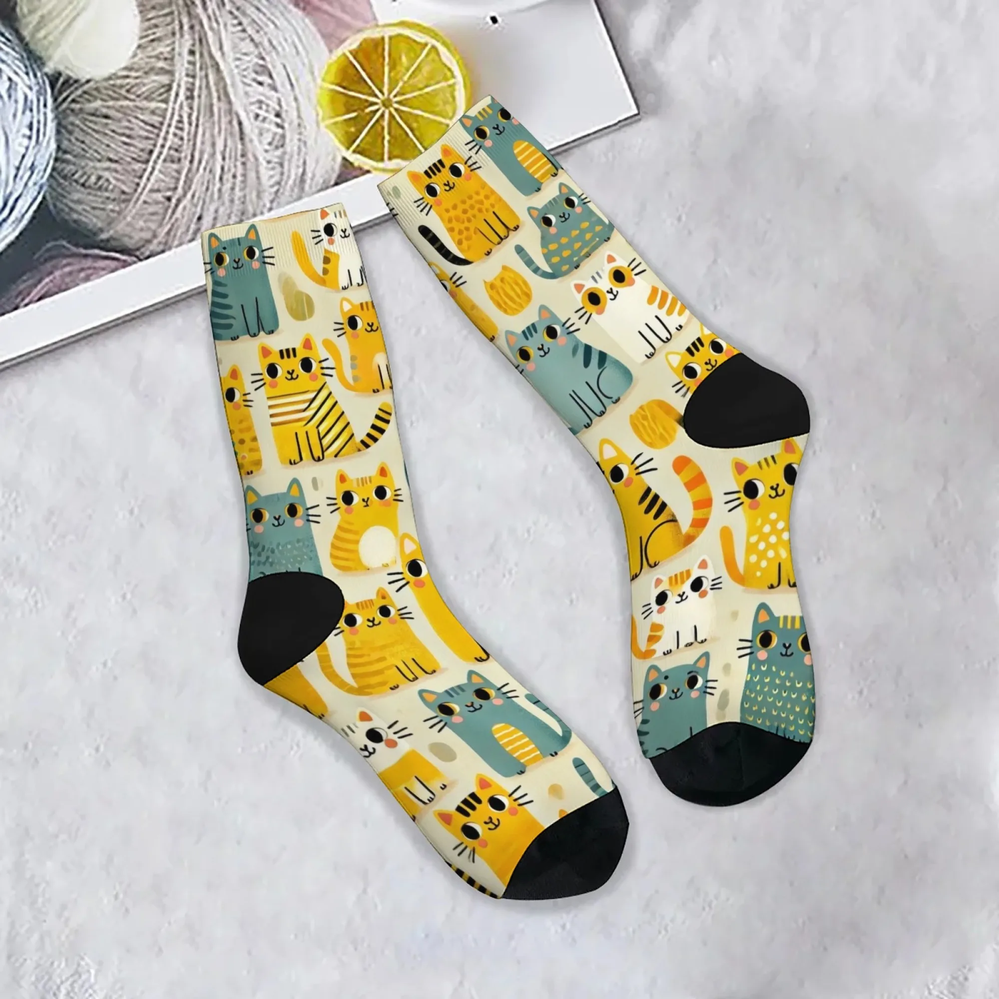 1 Paar ultraweiche Crew-Socken für Herren, hautfreundlich, niedlicher Cartoon-Katzen-Aufdruck, bequeme Socken für tägliche Freizeit- und Haustier-Themenanlässe