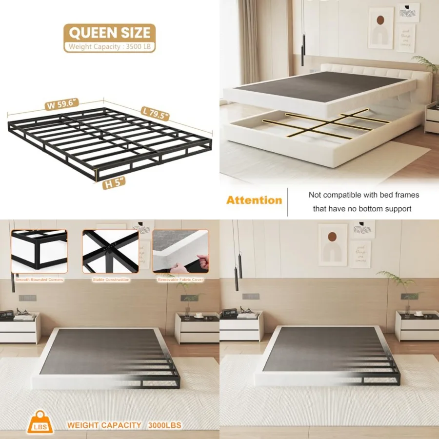 5 Inch Box Spring-Heavy Duty Metal Bed Foundation with Cover, Noise-Free and Tool-Free Easy Assembly, Mattress Support Base for