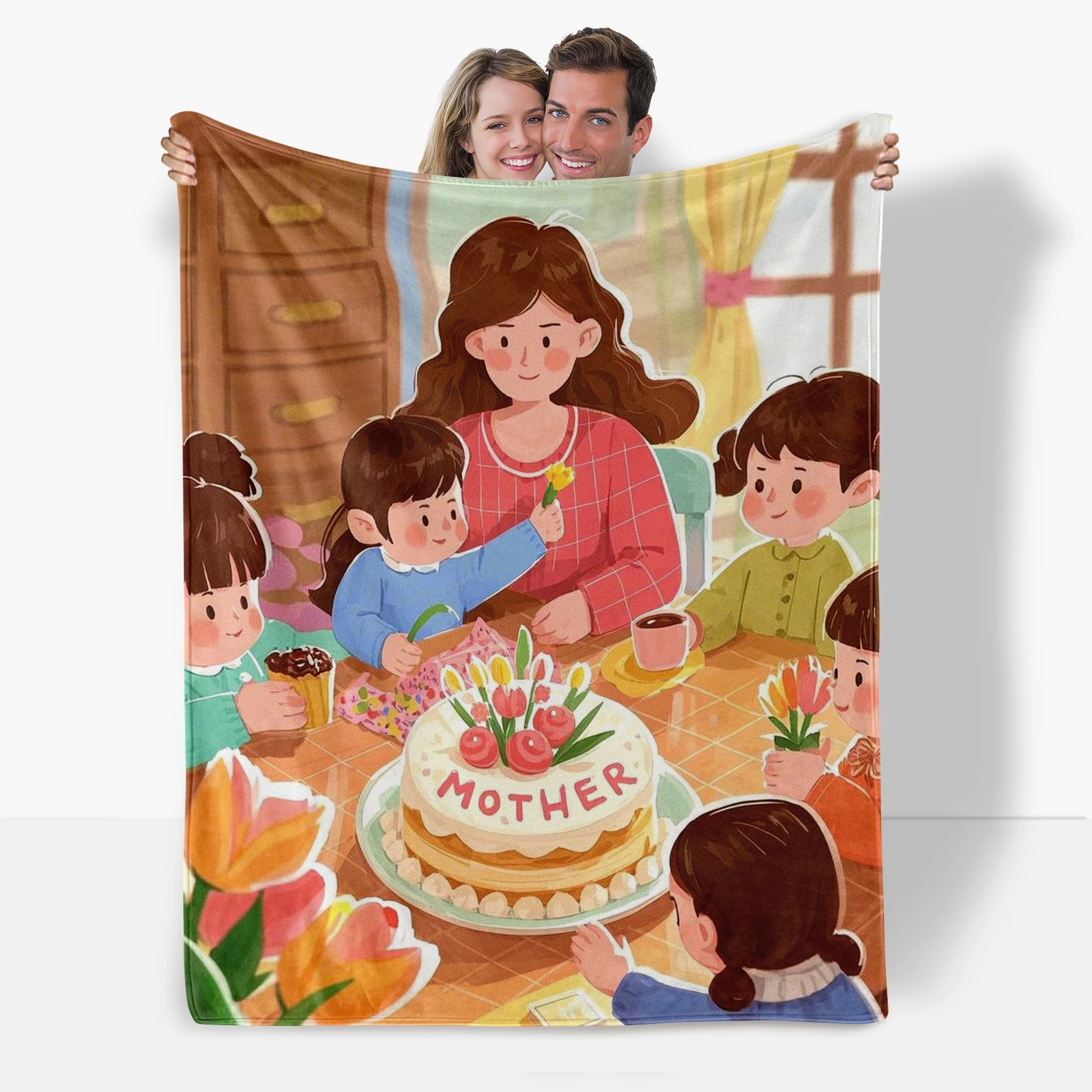 Perfect Mothers Day Gift Idea Flannel Blanket Featuring Delightful Cartoon Cake And Family Reunion With Warm Messages