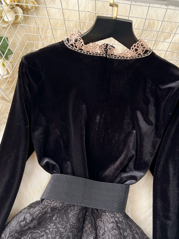 Vintage Lace Patchwork Hepburn Dress Women 2024 Autumn New Stand Collar Long Sleeve Gathered Waist A-line Palace Fashion Dress