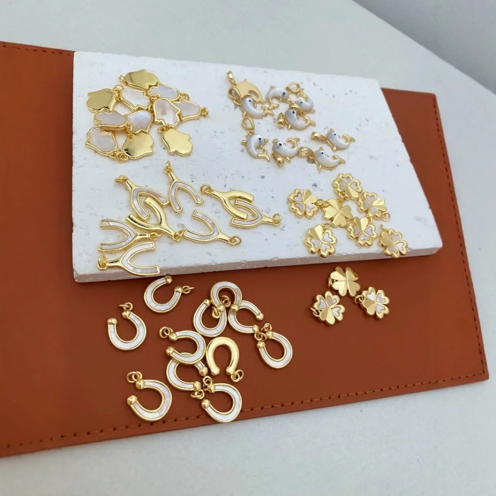 10 Pcs Copper Plated Gold Shell Pendant DIY Bracelet Earring Necklace Making Accessories U Y Shaped Palm Dolphin Charms Jewelry