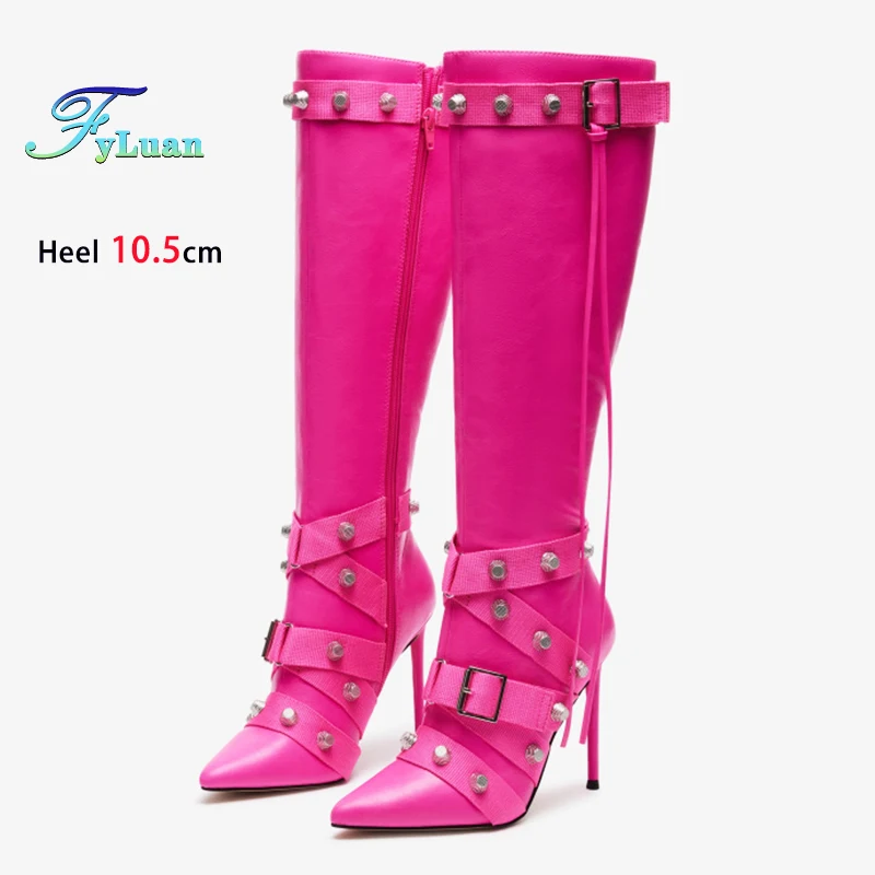 

Новинка 2025, женские высокие сапоги с заклепками, модные остроконечные ботинки до середины икры в стиле панк, женская обувь большого размера с пряжкой и ремешком, Zapatos Mujer