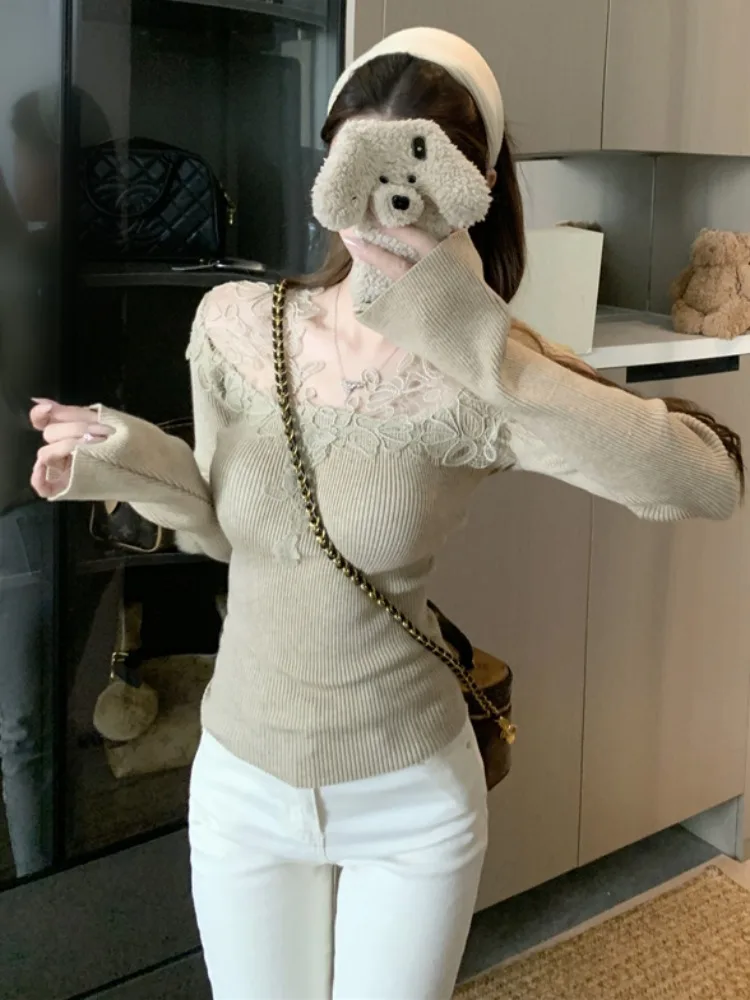 

Pure Desire Design Heavy Embroidery Lace Splice Long Sleeve V-Neck T-Shirt Women's Autumn Winter Sexy Base Shirt Top