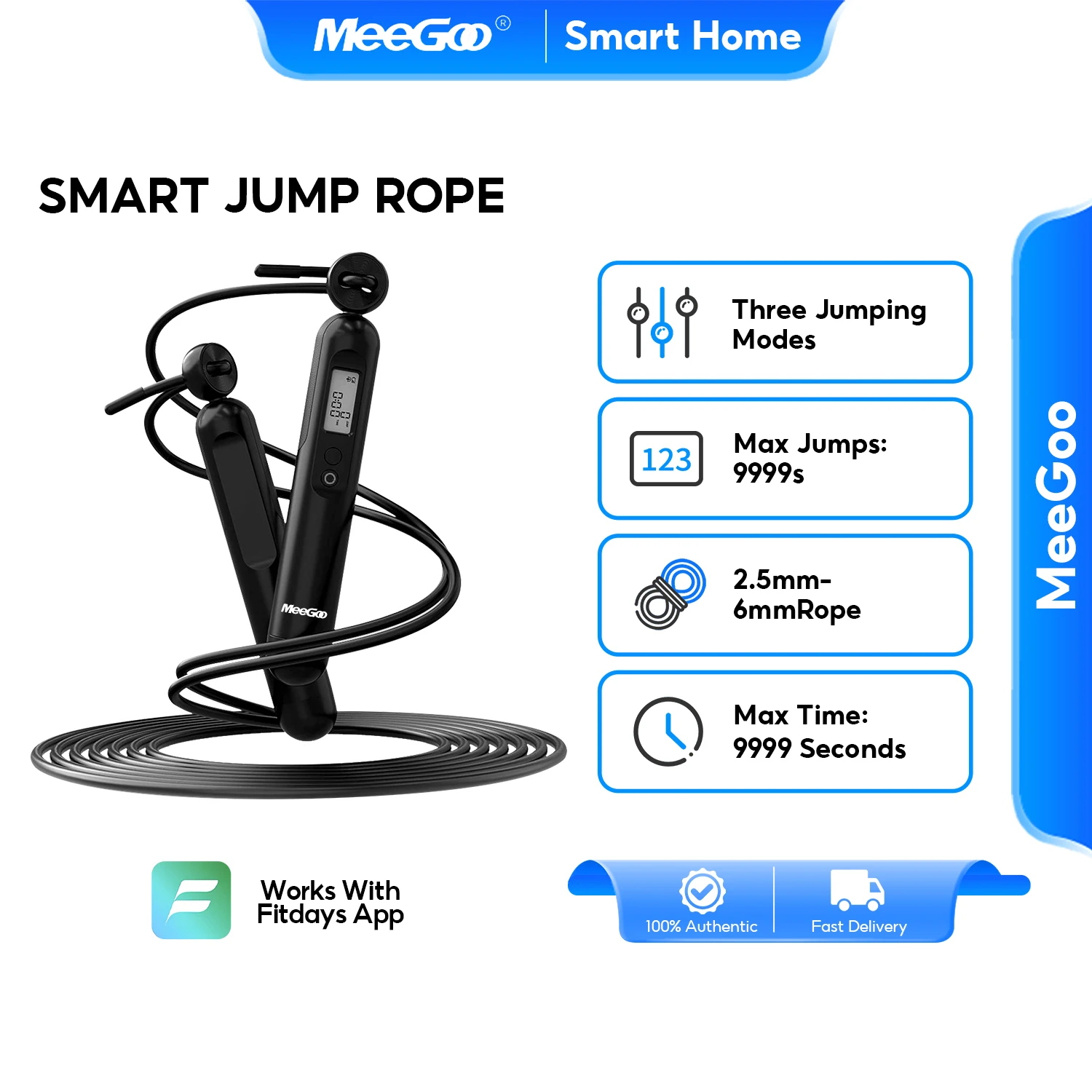 MeeGoo RS2360B Bluetooth Smart Jump Rope, 3 Jumping Modes, Max 9999 Counts/9999s, 2.5-6mm Adjustable Rope, 360° Sensor, USB-C Re