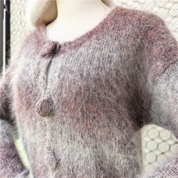 2026 New Women Vintage Hairy Mohair Wool Gradient Knit Cardigan Round Neck Fuzzy Loose Sweater Coat For Fall Winter Jacket Pull