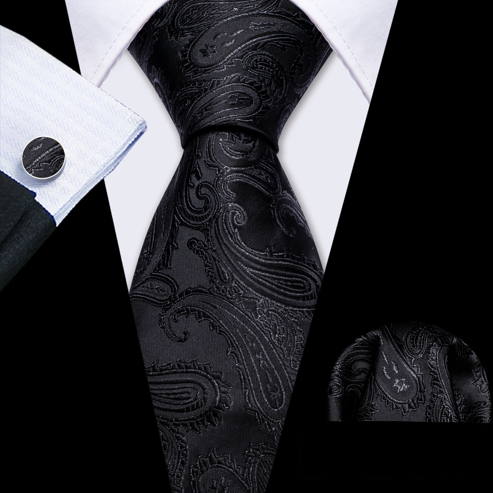 Business-Krawatten in Schwarz für Herren, klassisch, einfarbig, hochwertig, gewebtes Einstecktuch, Manschettenknöpfe, Sets für Partys, formell, Designer Barry. Seide Wang – Detail 3