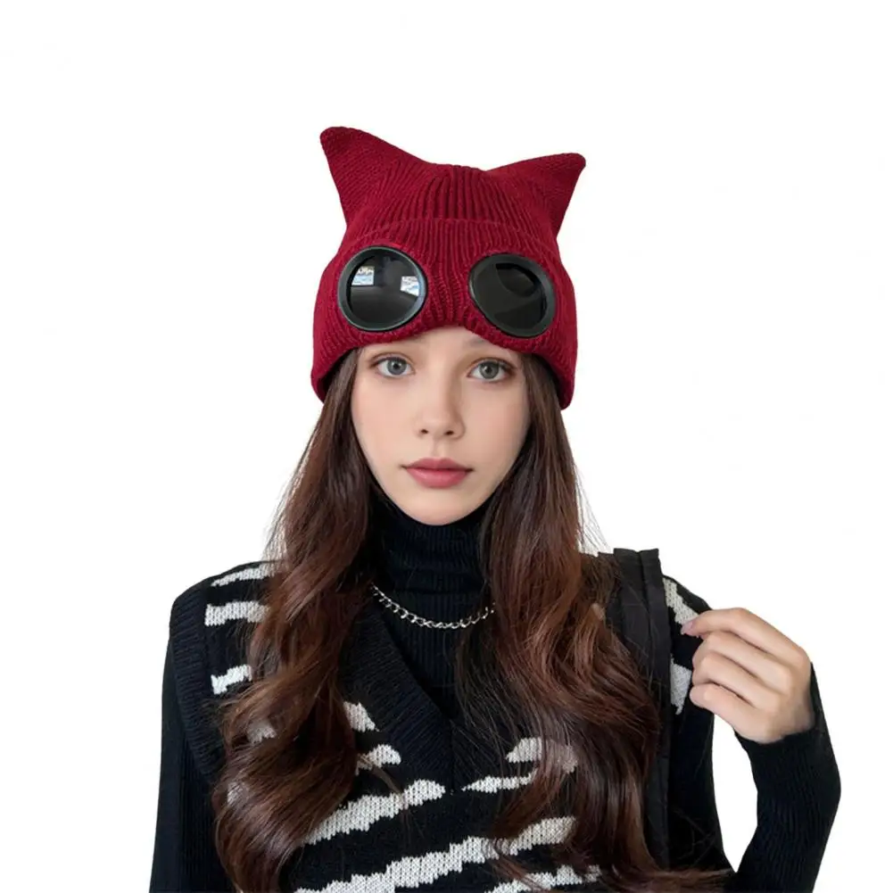 Cat Beanie Cute Kitty Head Winter Hat with Goggle Decor Ball Detail Windproof Demon Cap for Women Warm Anti-slip Headwear Cat