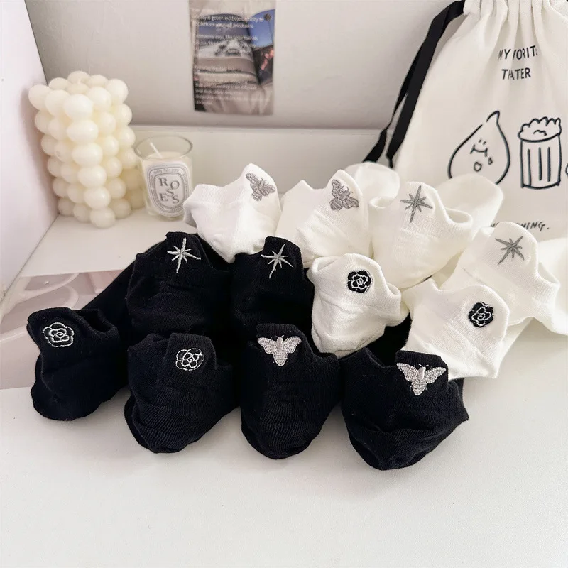 6 Pair Luxury Brand Women Socks Cute Animal Flower Embroidery Short Socks Shallow Mouth Breathable Spring Summer Female Socken