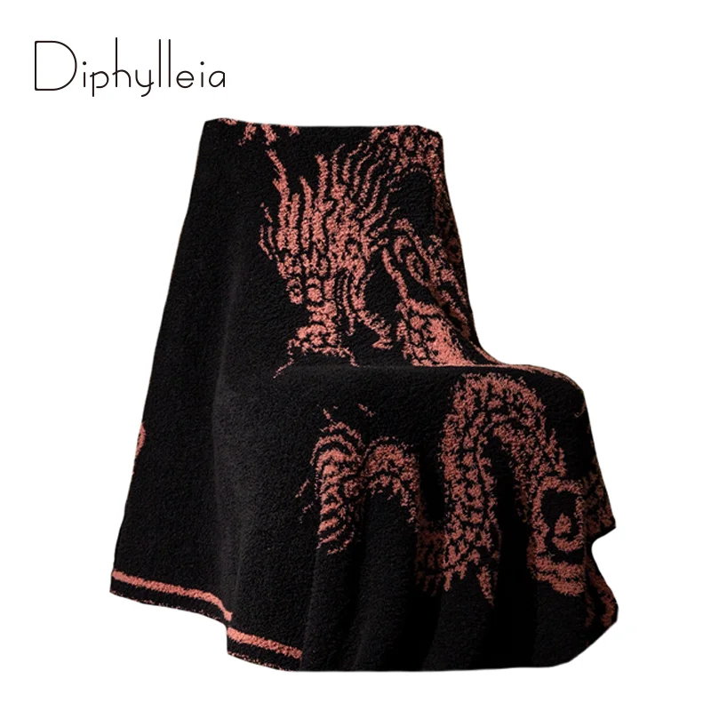 Diphylleia Chinoiserie Dragon Knit Throw Blanket Mythical Black And Pink Stylish Sofa Blanket Shawl Bed Scarf Fantasy Home Decor