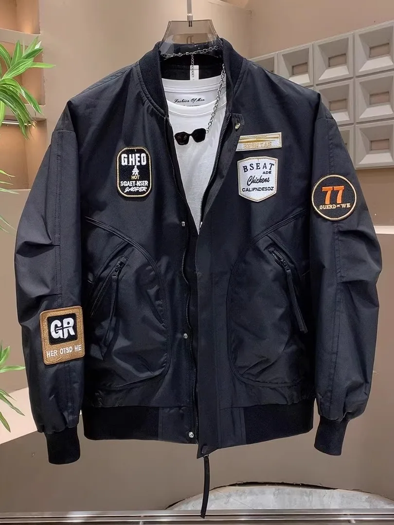 

Модная рабочая одежда с вышивкой в американском стиле, мужская модная верхняя одежда с бейсбольным воротником, топ Slim Fit, длинный све, полиэстер