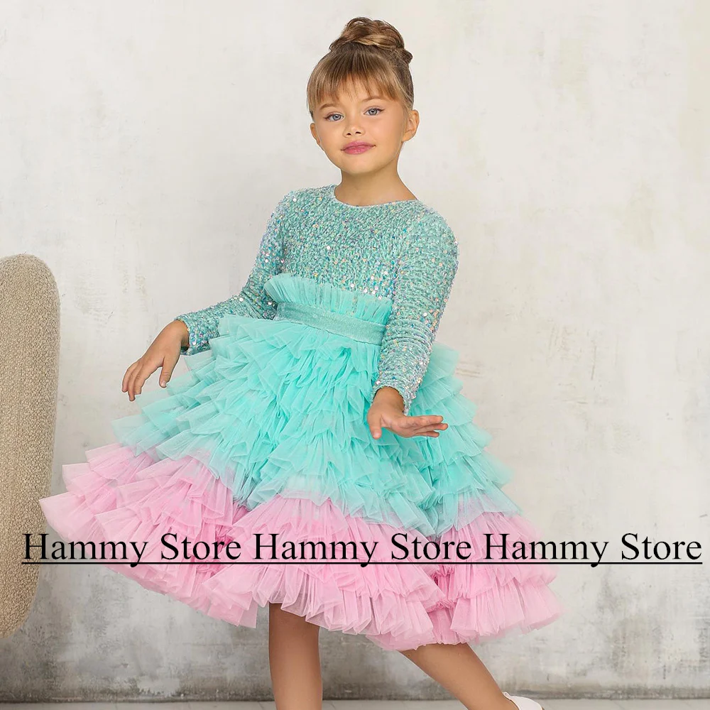 

Cute Flower Girl Dress Cupcake Birthday Party Dresses Long Sleeves Round Neck Sequin Tiered Puffy Contrast Color Christmas Gown