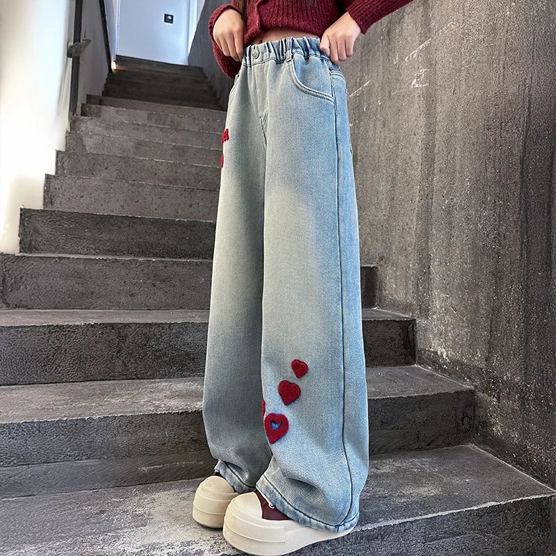 spring teen girls Jeans junior kid love towel embroidery Vintage High Waist Straight Loose Denim Pants Child Hip-hop trousers 14