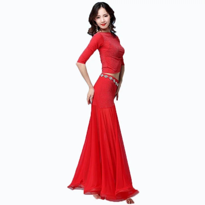 Buikdanskostuum Professioneel pak voor dames Mesh korte mouwen Top + sexy split lange rok 2 stuks Oosters danspak voor meisjes