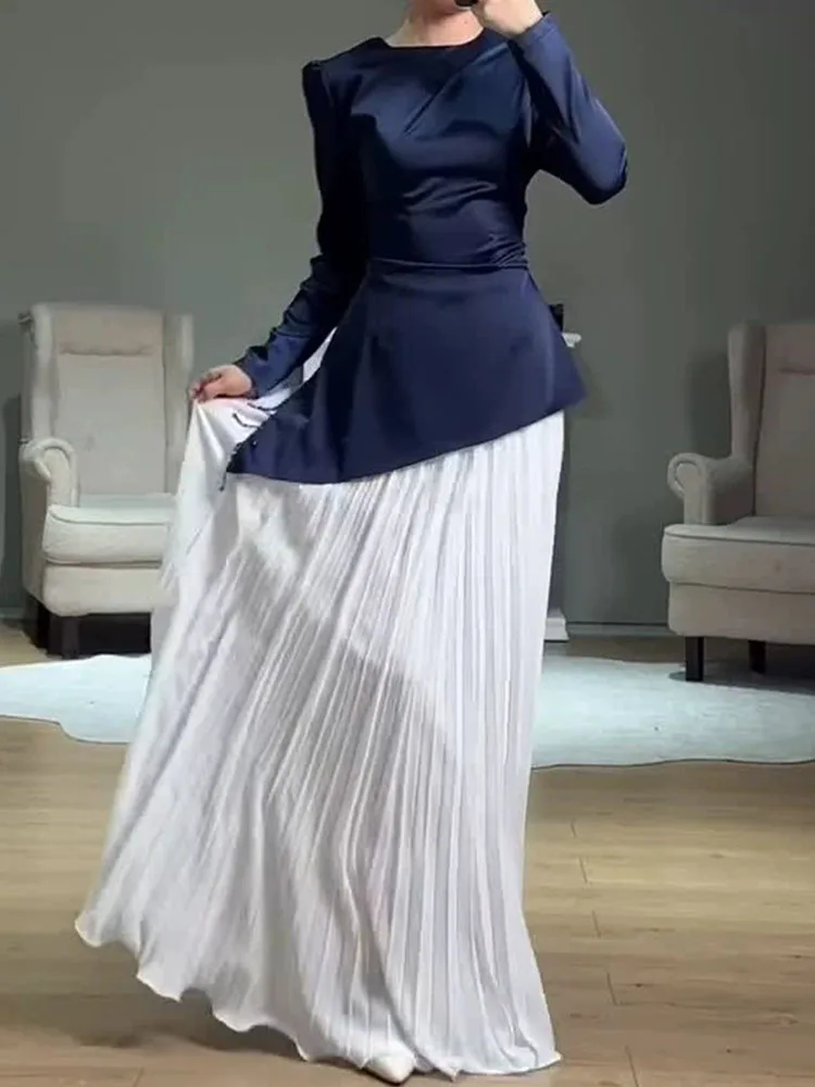 موضة المرقعة مطوي رداء فستان عادية عالية الخصر سوينغ الكرة فستان 2025 خريف جديد المرأة س الرقبة فستان سهرة بأكمام طويلة