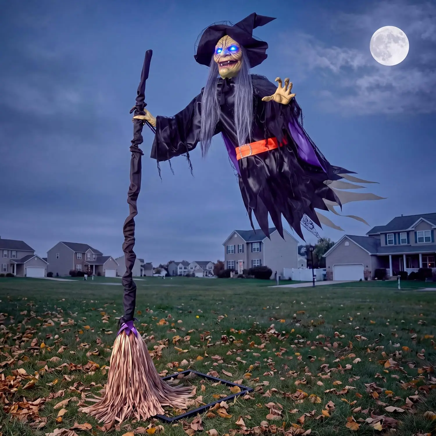 Life-Size Outdoor Halloween Flying Witch Decoration, Sound-Activated Scary Haunted House Prop with Broom, Glowing LED Eyes, Yard Garden Lawn Decor for Halloween