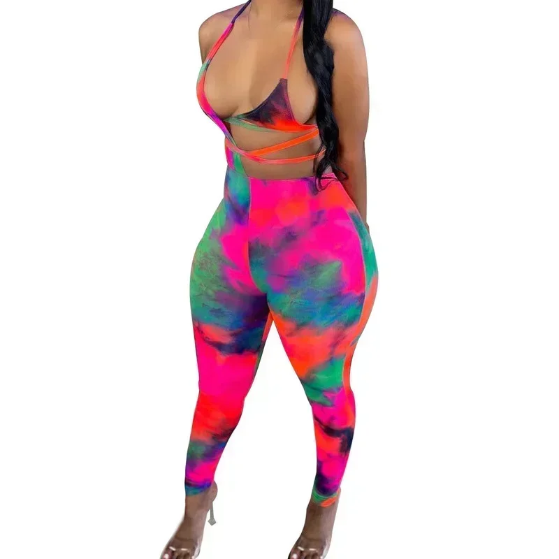 

GUWU Tie Dye Print Two Piece Set Women Sexy Lace Up Bandage Bra Top + Pencil Pants Sexy Bikini Suit Sportswear