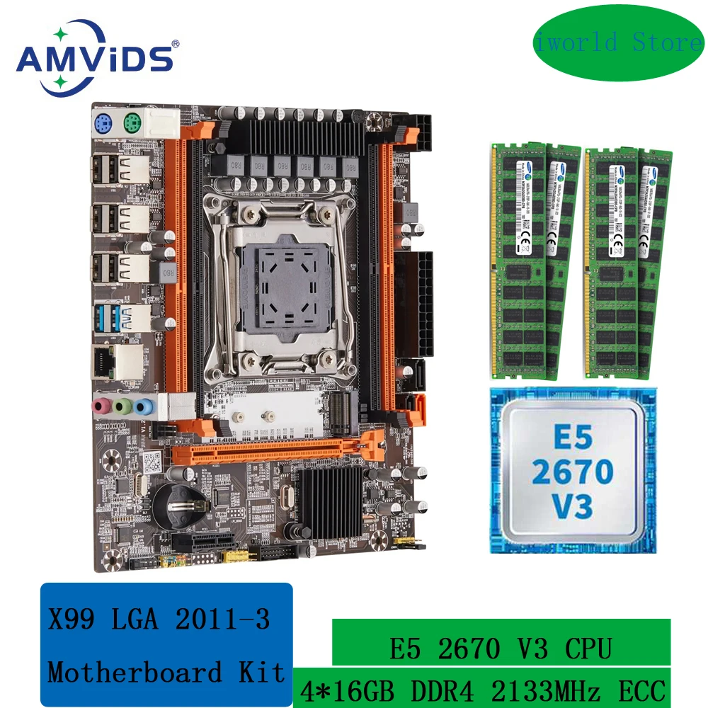 kit placa mae xeon 2670 v3 lga 20113 64gb 4x16gb ddr4 2133mhz reg ecc conjunto combinado sata usb 30 x99 01