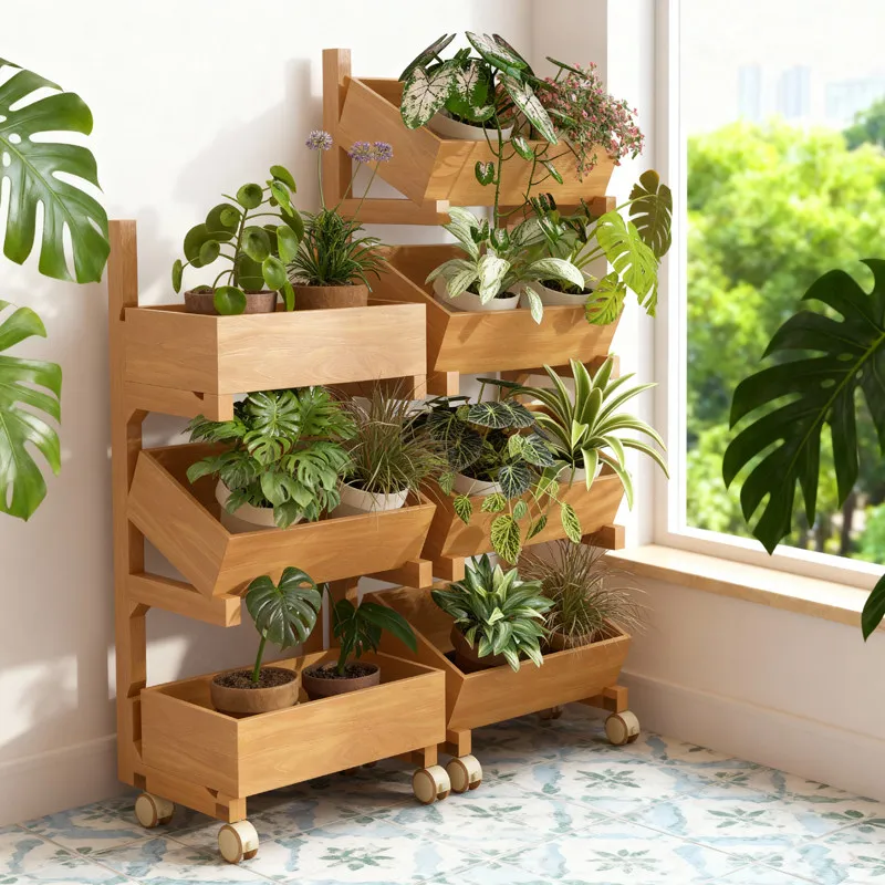 Medieval style living room green plant ladder wooden flower rack 2025 new model against the wall corner Phalaenopsis multi-layer