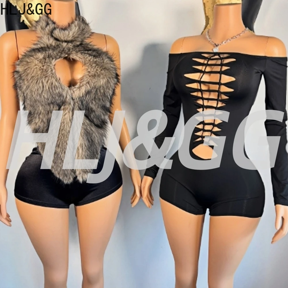 

HLJ&GG Brown Sexy Fur Halter Bandage Two Piece Sets Women Sleeveless Backless Crop Top And Shorts Outfit Fashion 2pcs Streetwear
