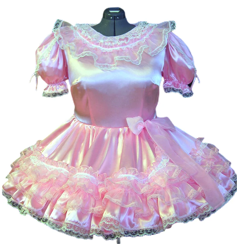 

Fashionable French Maid Princess Dress Lockable Pink Satin Lace Lace Lace Sissy Uniform Role Play Costume Customization