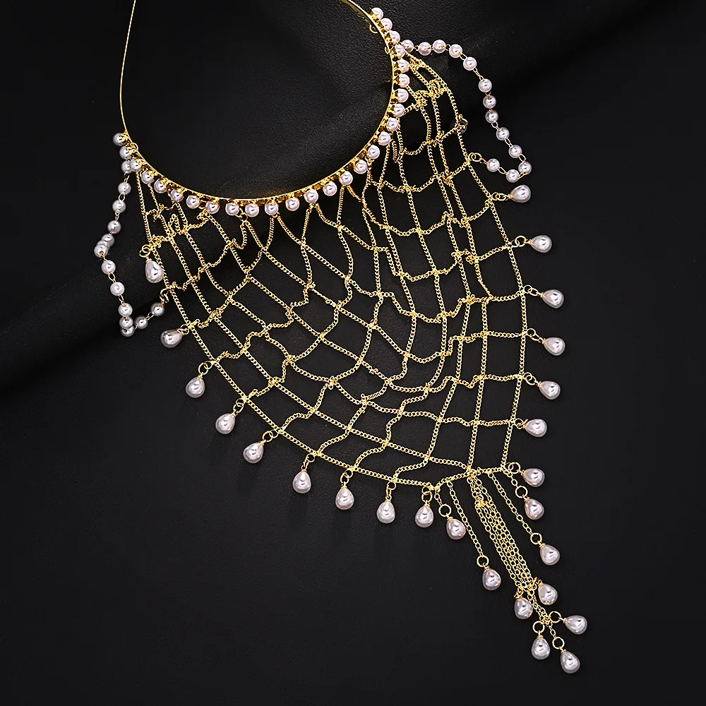 Gold Mesh Pearl Head Chain for Women Layered Tassel Headpiece Boho Hair Jewelry for Party Wedding 4