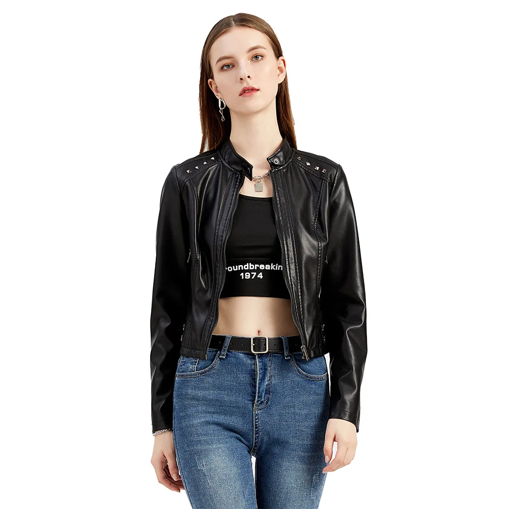 

KIDCRKJ Spring Autumn Women's Leather Jacket Female Riveted Stand Collar Casual Coats Women's Motorcycle Jacket Women's Clothing