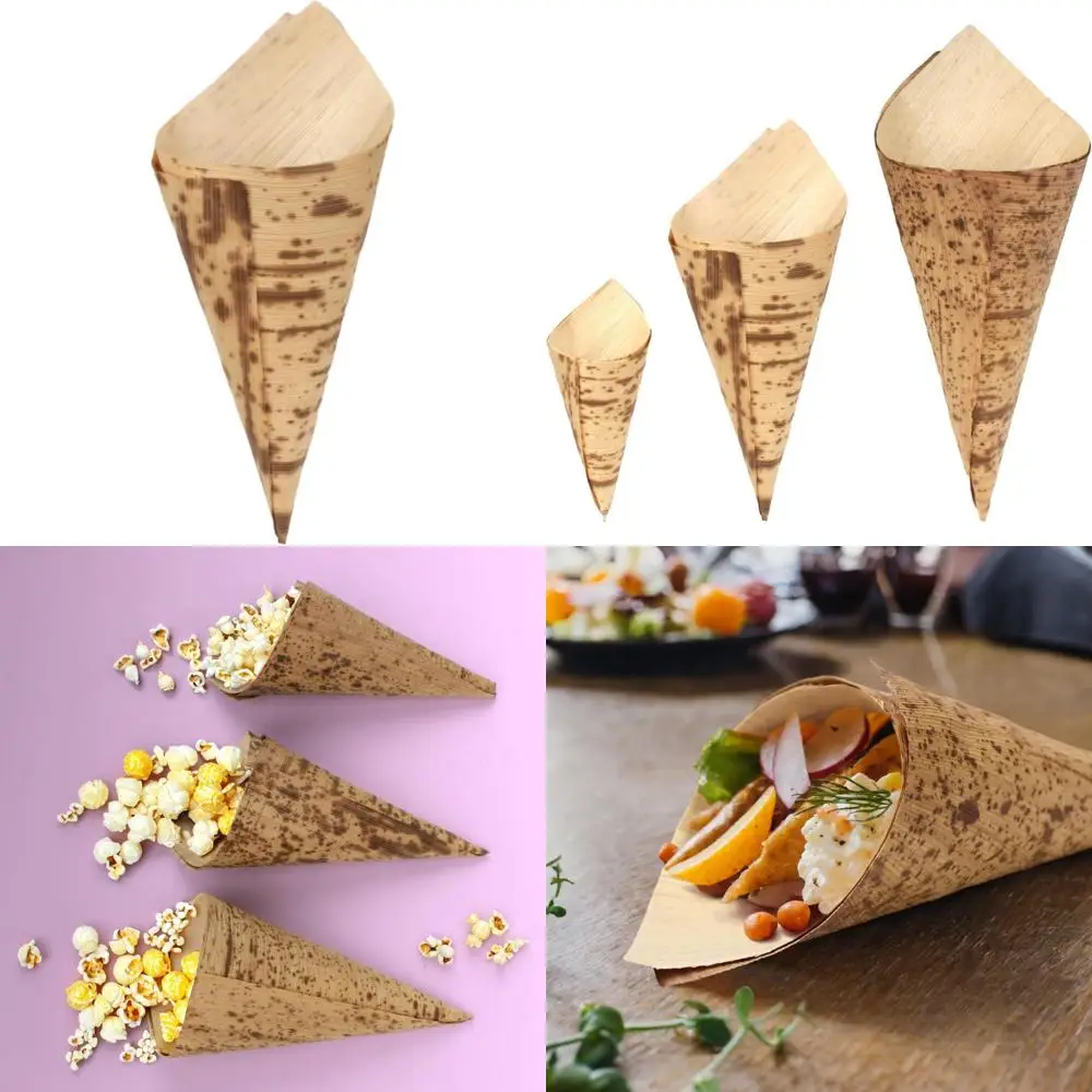 

Premium Bamboo Leaf Appetizer Cones, 5.12 x 2.25 Inches, Renewable and Disposable, Ideal for Catering, Parties, and Home Dining