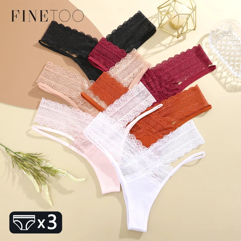 FINETOO 3Pcs Lace Double Layer Belt G-string Patchwork Striped Underwear for Women Sexy Solid Low-Waist Bikini Soft Lingerie New