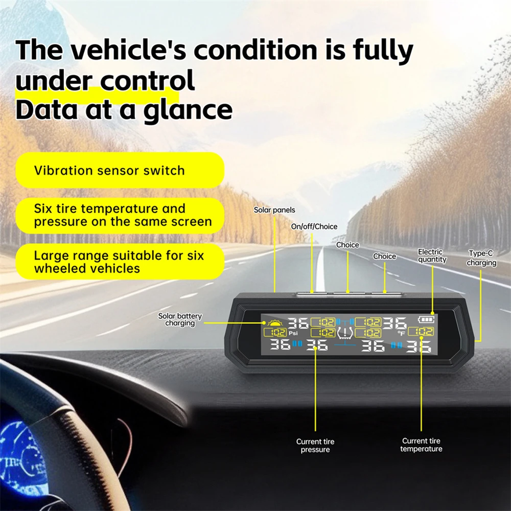 Sistema di monitoraggio della pressione dei pneumatici solare Allarme di sicurezza intelligente TPMS Monitoraggio della temperatura dei pneumatici Camion RV ad alta precisione con 6 sensori