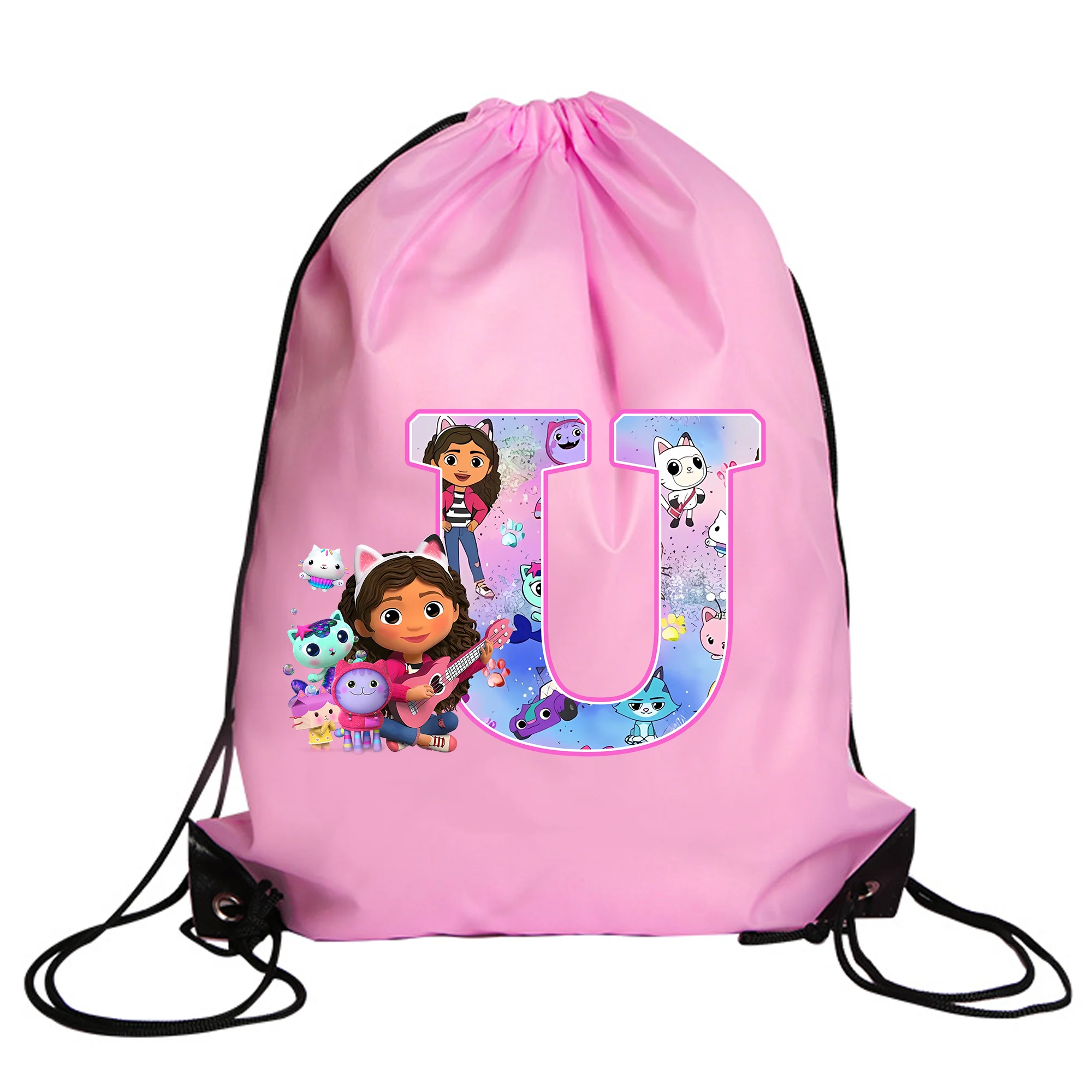 Gabby's Dollhouse Drawstring Bag, Bolsas de Cordas para Meninas, Piscina, Roupas, Armazenamento de Sapatos, Embalagem Impermeável, Mochila Rosa