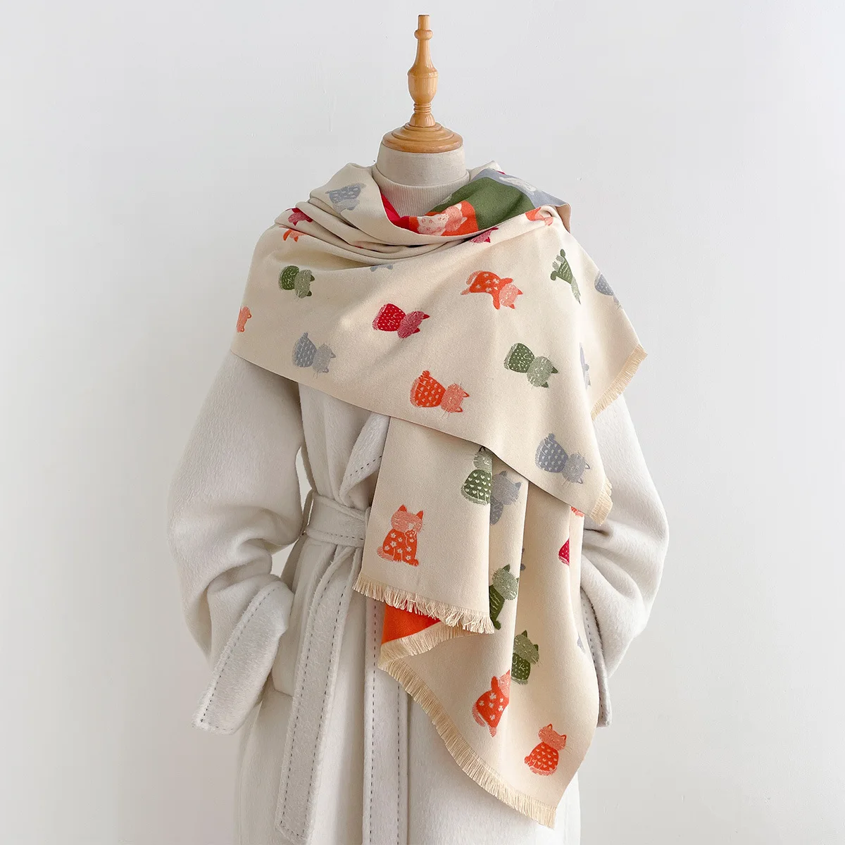 Sweet Cartoon Kitten Animal Print Double Sided Faux Cashmere Scarf Reversible Long Wrap Shawl Soft Warm Neck Scarf Youthful