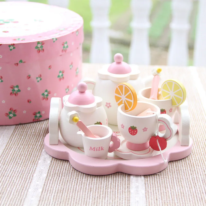 Wooden Afternoon Tea Set Toy Pretend Play Strawberry Themed  Learning Role Play Game Early Educational Toys for Toddler Kid Gift