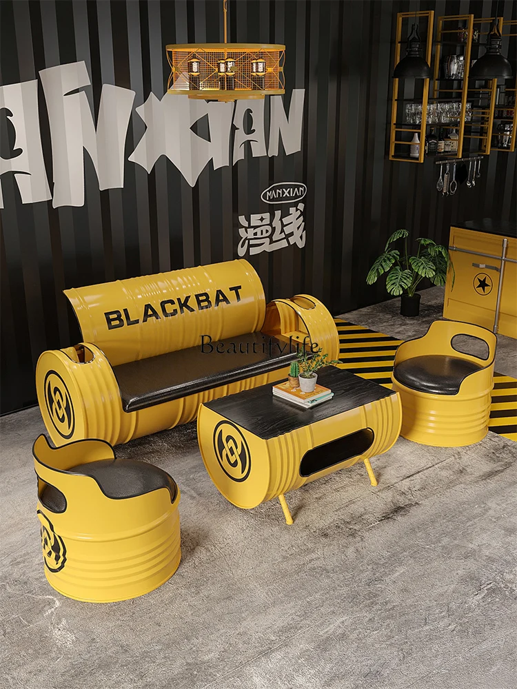 Customized Sofa and Tea Table Combination Creative Bar Quiet Bar Milk Tea Shop Tables and Chairs Oil Drum Wrought Iron Deck Sofa