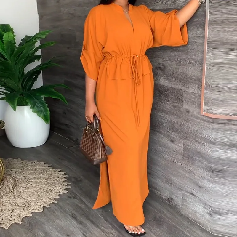 Temperament Commuter Women's Dress Fashion Solid Color V-neck Drawstring Waist Cinching Short Sleeve Split Dress 2025 Autumn New