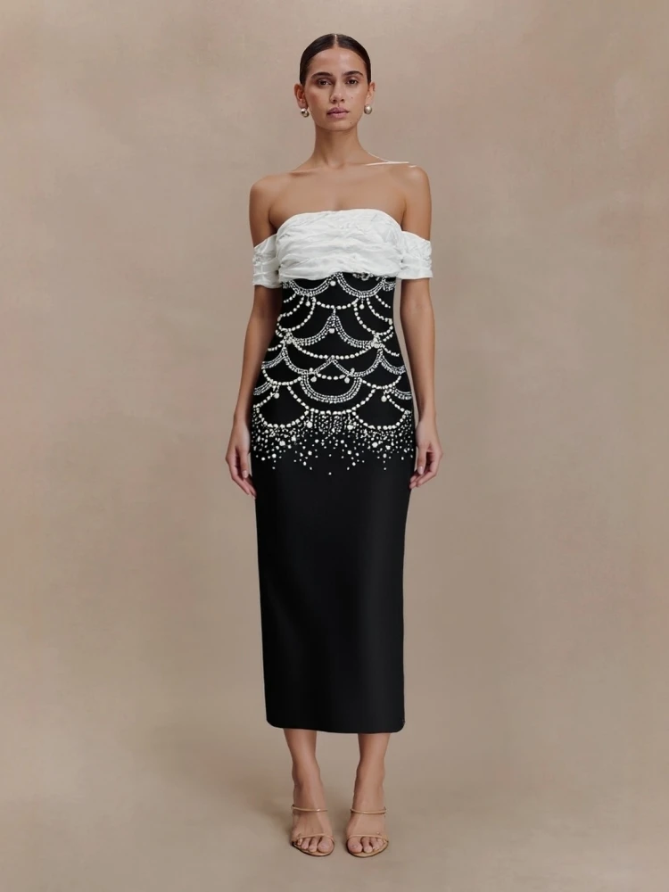 

Sexy Off The Shoulder Rhinestone Pearl Bandage Dress Women Black White Folds Diamonds Beaded Bodycon Dresses Evening Party Gowns