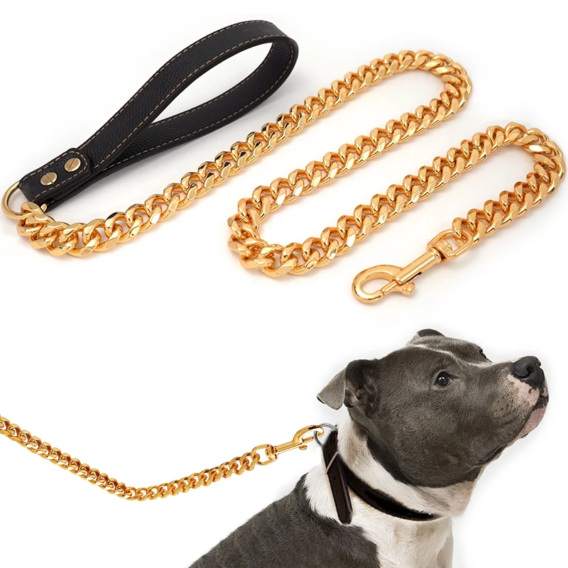 PU 가죽 스타일 손잡이가 달린 금속 체인 개 리드, 강력한 제어 가죽 끈 다리미, 애완견 용품 목걸이 하네스, 15mm 너비