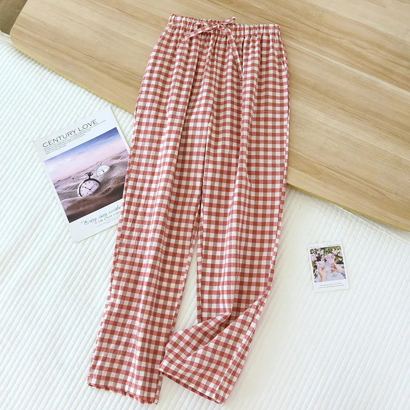 Japanese new spring and autumn couples 100% cotton cloth plaid trousers men and women large size home pants simple casual pants