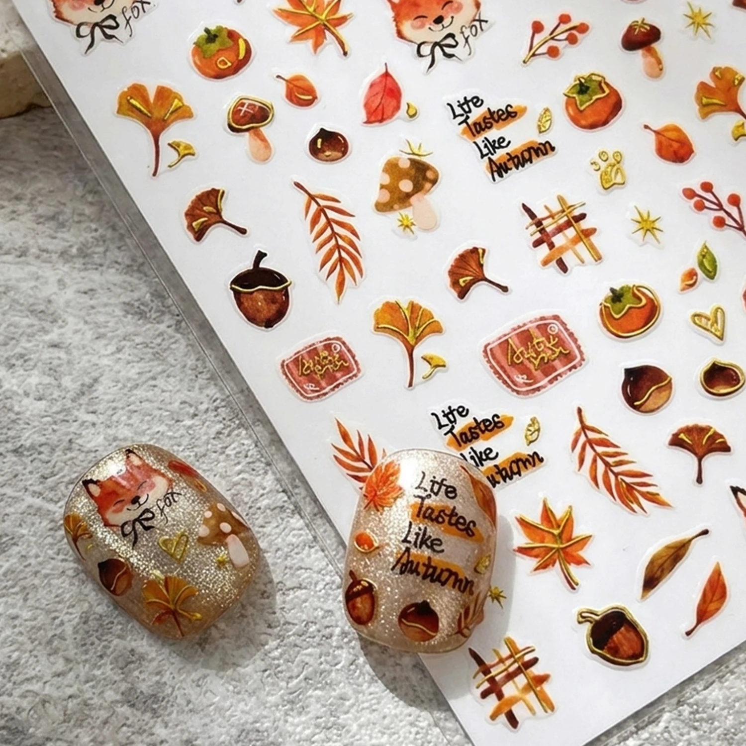 12 Stück Herbst-Ahornblätter, Tier-Nagelsticker, gemischte Cartoon-Fuchs-, Hirsch- und Eichhörnchen-Motive, selbstklebende Nagelabziehbilder, DIY-Herbst-Maniküre-Dekoration – Detail 4