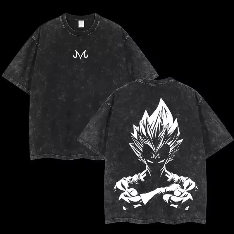 Dragon Ball Majin Vegeta Son Goku Silhouette Print Washed T-Shirt Vintage Distressed Oversized Casual Anime Kurzarm-Oberteil