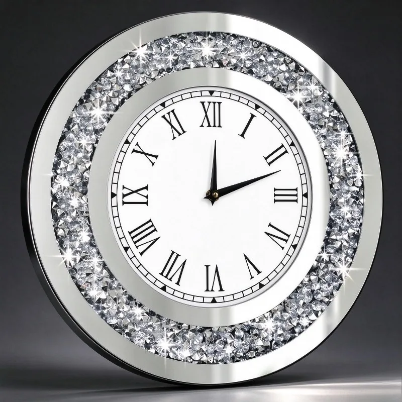 Silver Mirrored Wall Clock Crushed Diamond Silent Quartz Luxury Round Wall Clocks Modern Creative Home Interior Decoration